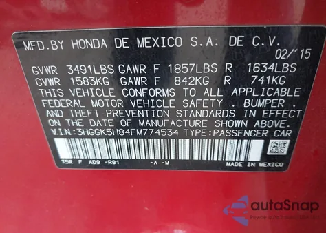 2015 Honda Fit Ex/Ex-L z USA, uszkodzony, nr VIN 3HGGK5H84FM774534